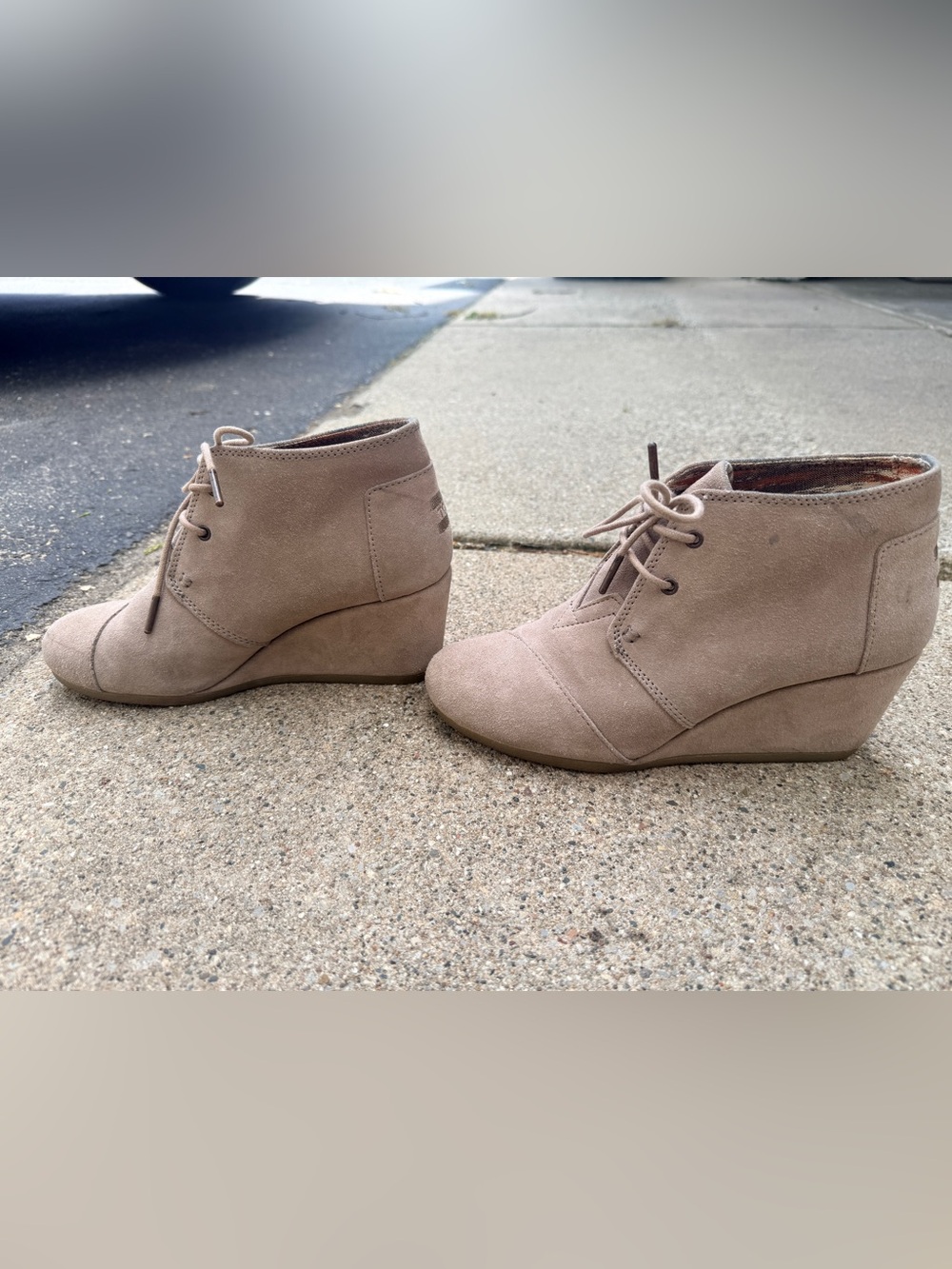 Toms Taupe Suede Lace-Up Wedge Booties
